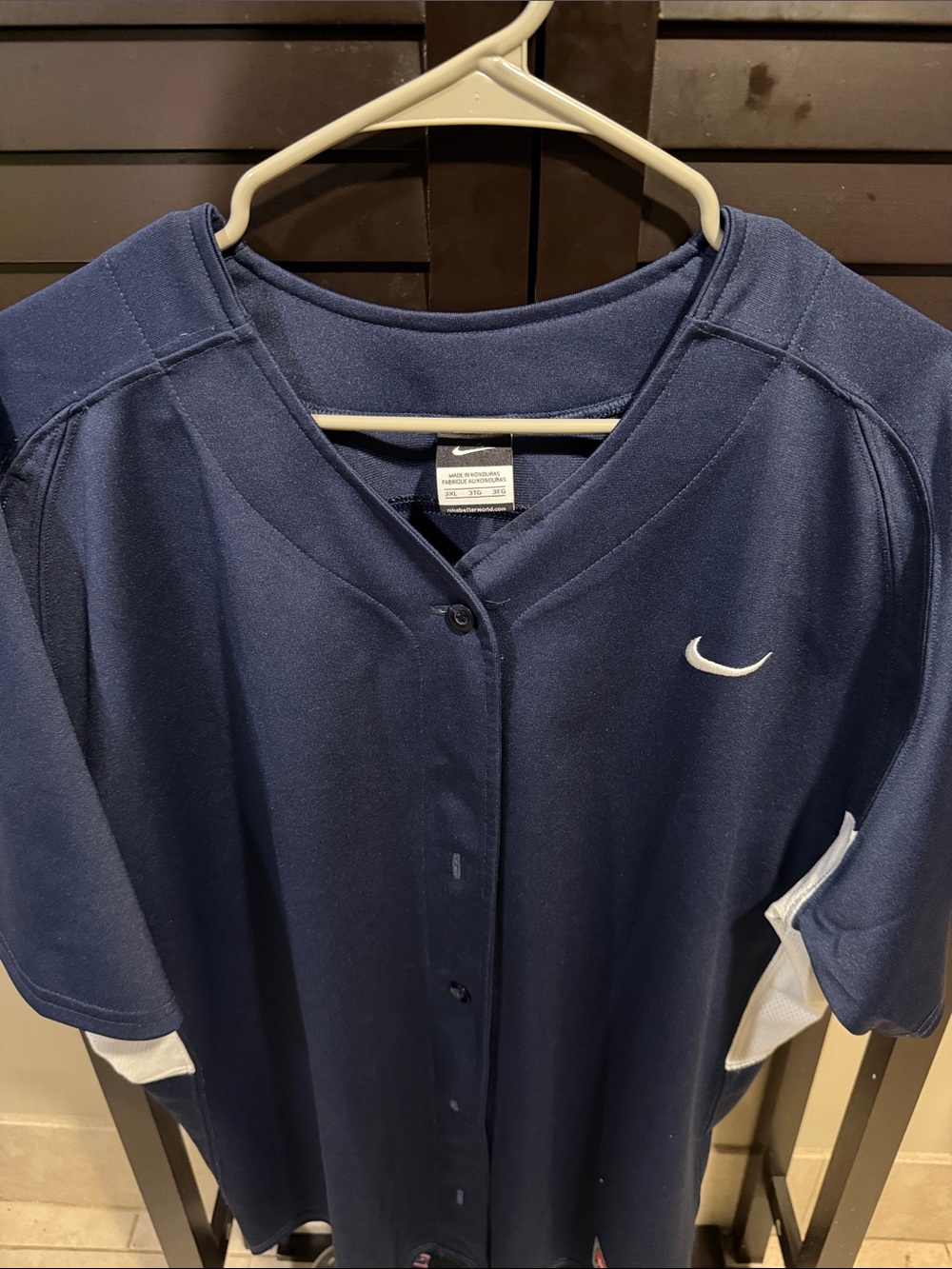 Nike Navy Blue Button-Up Athletic Jersey with White Swoosh